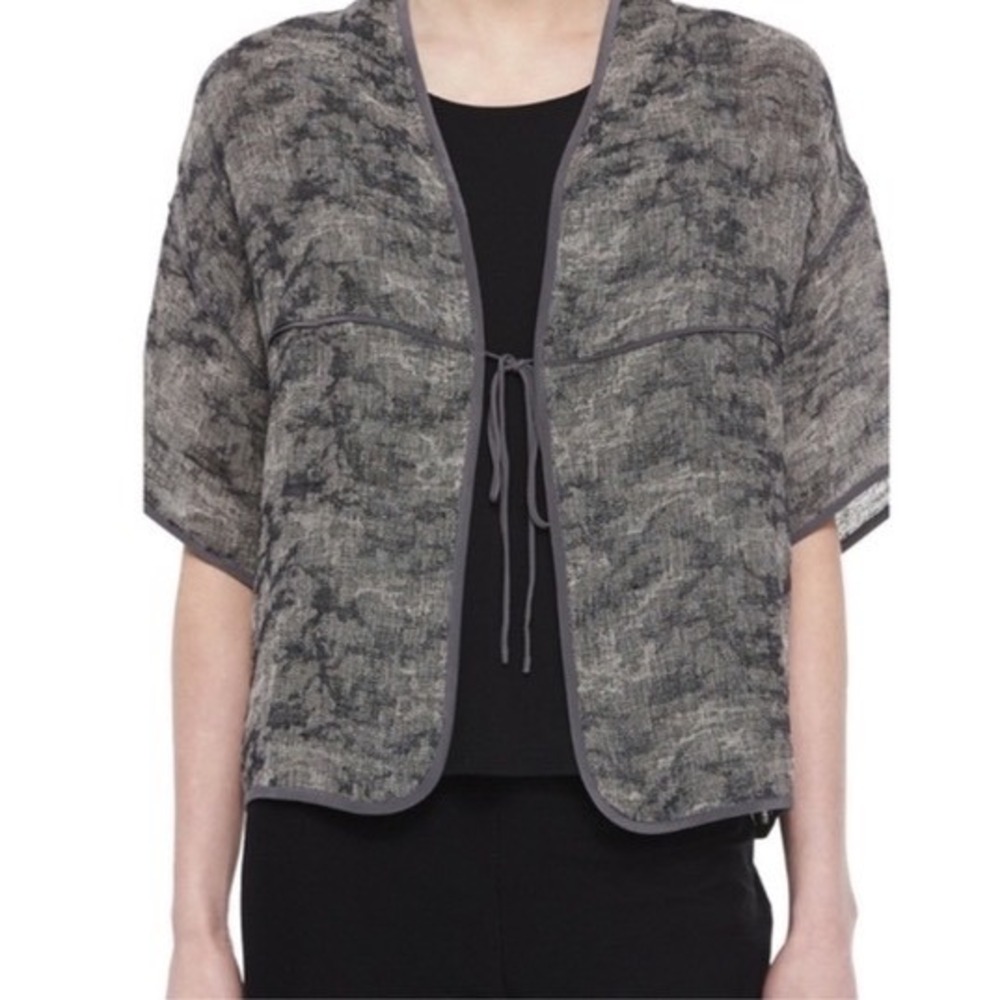 Eileen Fisher Linen Guaze Silk Trim Tie Cardigan Jacket Grey Black Abstract Sz L